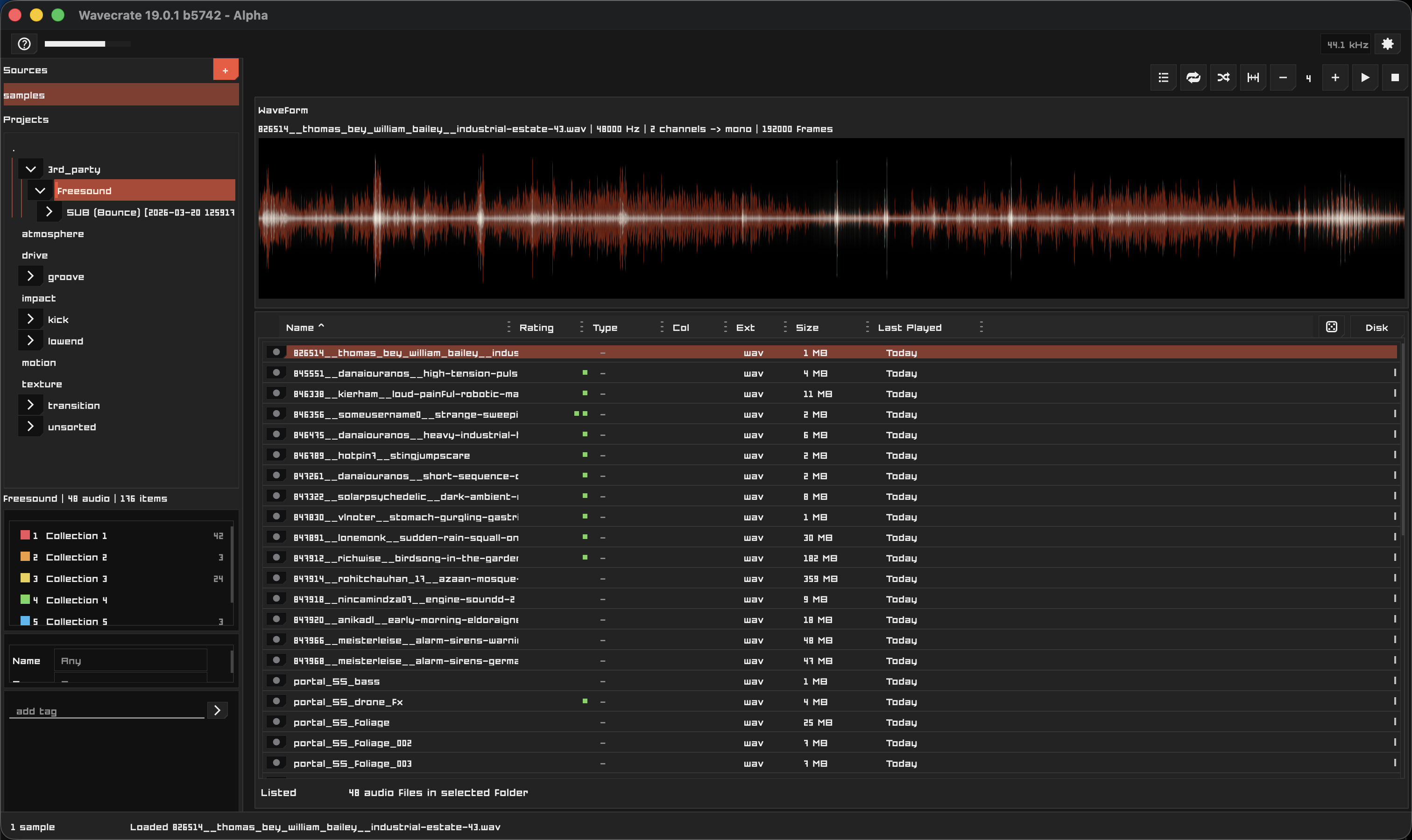 Wavecrate showing a waveform, local sample folders, rating dots, metadata filters, and a sample browser